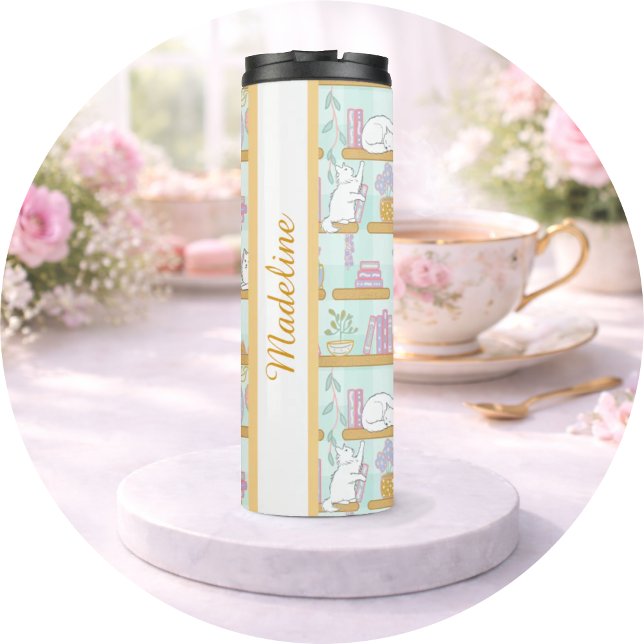 Personalized Bookish Girly Cute Cat Name Green Thermal Tumbler (Creator Uploaded)