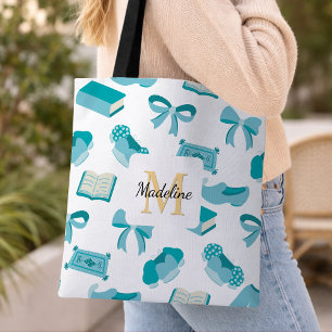 Personalized Bookish Girly Teal Cute Bow Name Tote Bag