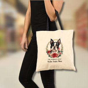  Personalized Boston Terrier Dog Mom Floral Wreath Tote Bag