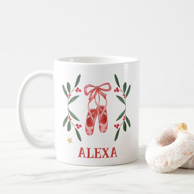 Personalized Botanical Cute Ballet Shoes Christmas Coffee Mug (With Donut)