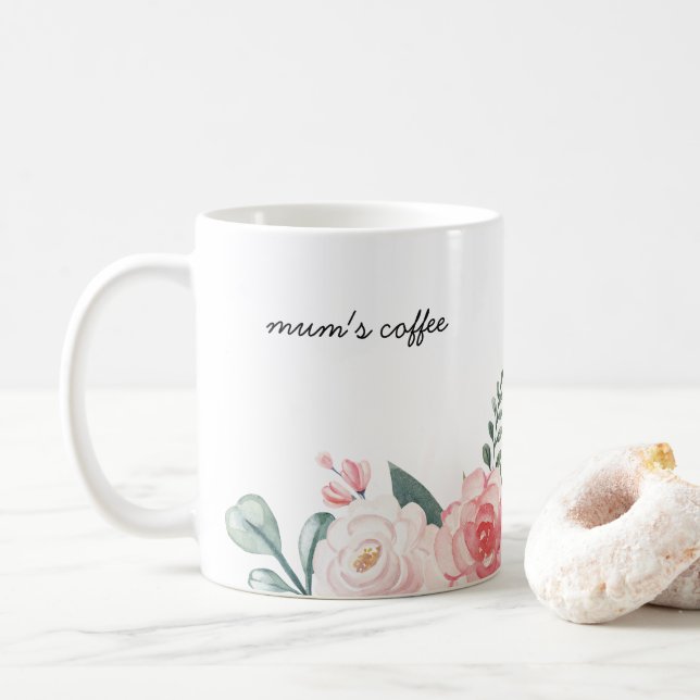 Personalized Botanical Floral Mug For Mom's coffee (With Donut)