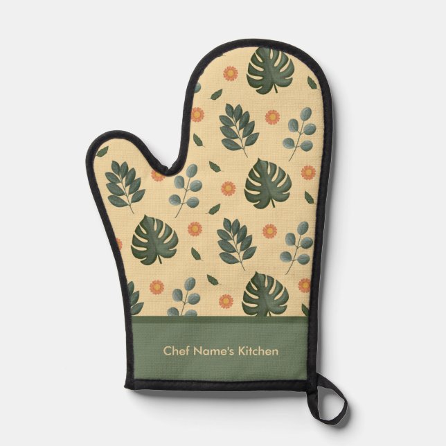 Personalized Botanical Name Cream and Sage Green Oven Mitt (Front)