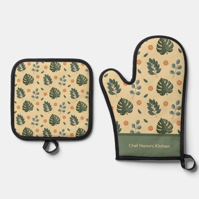 Personalized Botanical Name Cream and Sage Green Oven Mitt & Pot Holder Set (Front)