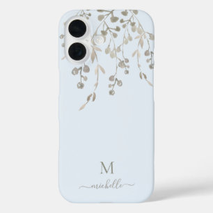 Personalized Botanical Watercolor Monogram Blue iPhone 16 Case