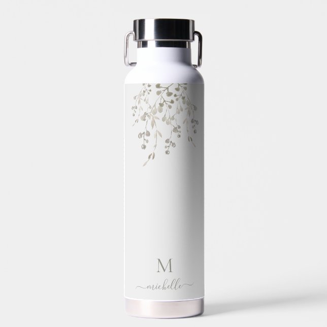 Personalized Botanical Watercolor Monogram Gray Water Bottle (Front)