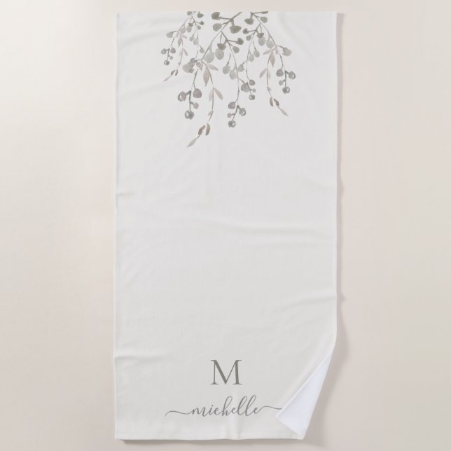 Personalized Botanical Watercolor Monogram Ivory Beach Towel (Front)