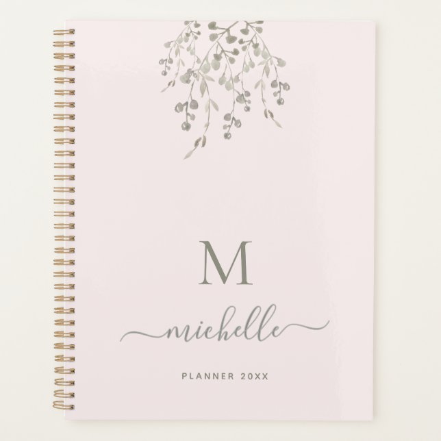 Personalized Botanical Watercolor Monogram Pink Planner (Front)