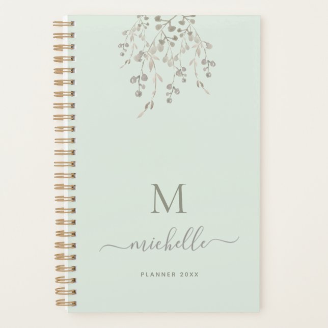 Personalized Botanical Watercolor Monogram Sage Planner (Front)