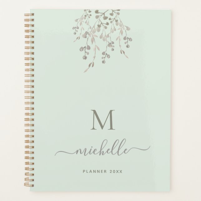 Personalized Botanical Watercolor Monogram Sage Planner (Front)