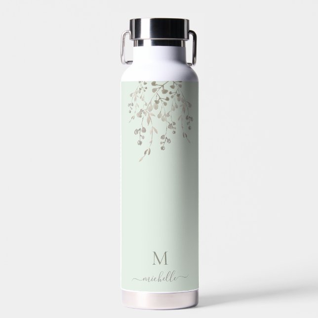 Personalized Botanical Watercolor Monogram Sage Water Bottle (Front)