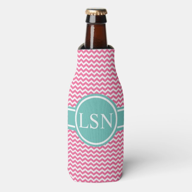 Personalized Bottle Cooler - Pink Zigzag (Bottle Front)