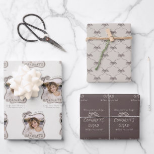 Personalized Bow Wavy Frame Photo Graduation Wrapping Paper Sheet
