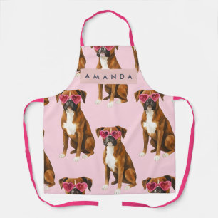 Personalized Boxer Dog with Pink Heart Glasses Apron