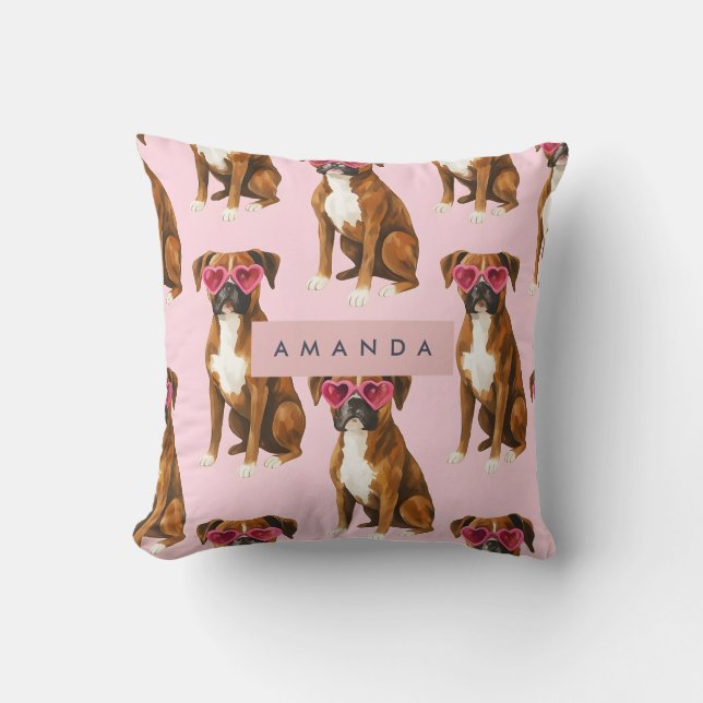 Personalized Boxer Dog with Pink Heart Glasses Cushion (Front)