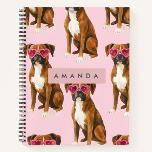 Personalized Boxer Dog with Pink Heart Glasses Notebook