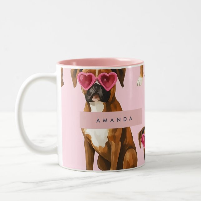 Personalized Boxer Dog with Pink Heart Glasses Two-Tone Coffee Mug (Left)