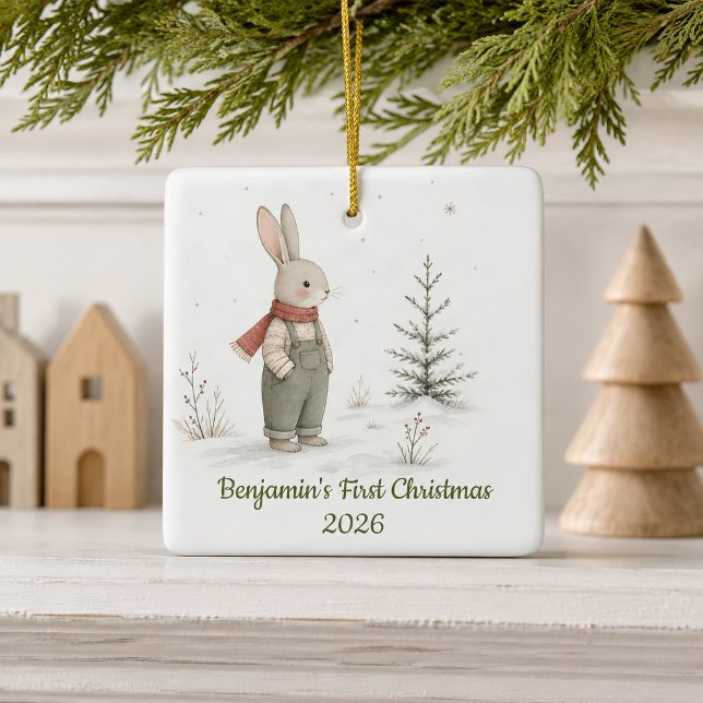 Personalized Boy Rabbit First Christmas Ceramic Ornament (Creator Uploaded)