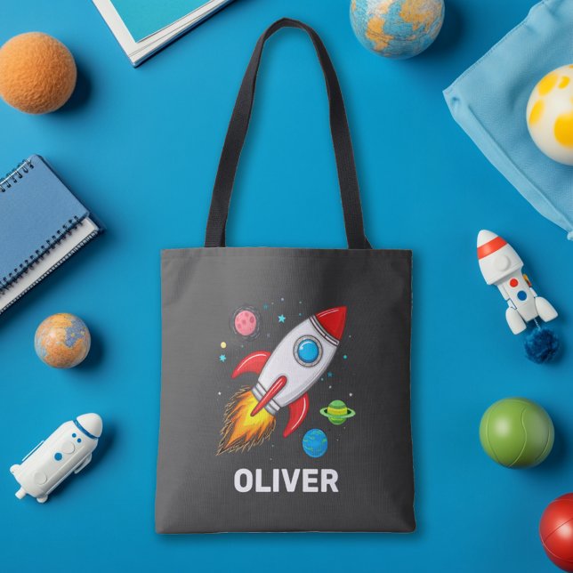 Personalized Boys Cute Rocket Ship Planets  Tote Bag (Creator Uploaded)