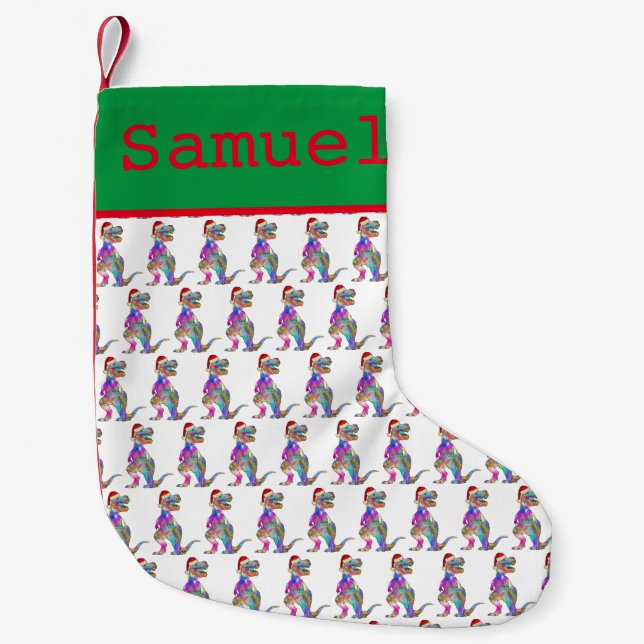 Personalized Boys Name T-Rex Dinosaur Santa Small Christmas Stocking (Front)