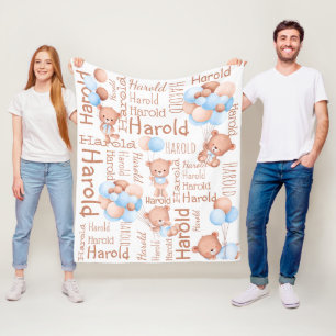 Personalized boys name teddy bear with balloons   fleece blanket