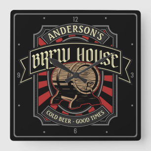 Personalized Brew House Label Beer Brewing Bar Pub Square Wall Clock