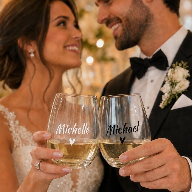 Personalized Bride & Groom Stemless Wine Glass Set (Creator Uploaded)