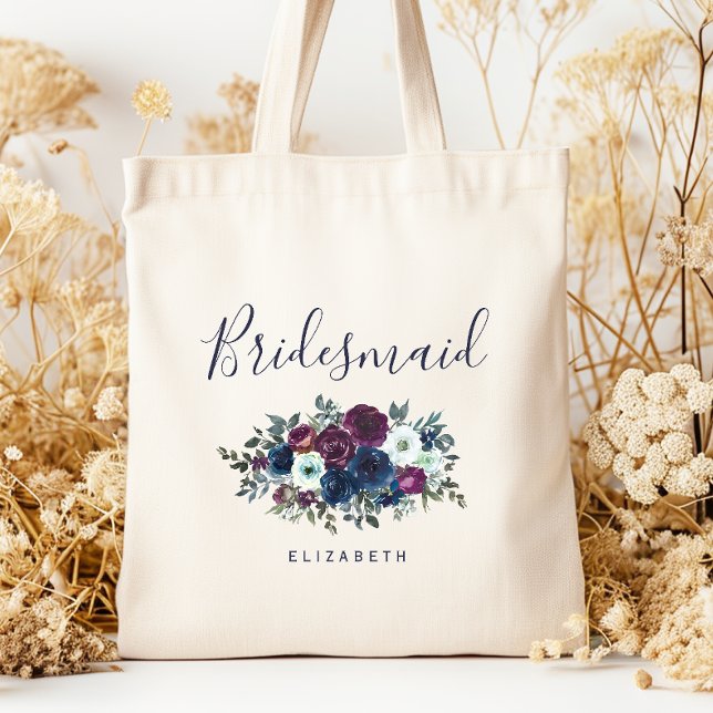 Personalized Bridesmaid Floral Navy Blue Purple Tote Bag (Creator Uploaded)