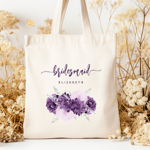 Personalized Bridesmaid Floral Purple Lilac Silver Tote Bag