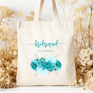 Personalized Bridesmaid Floral Turquoise Silver Tote Bag