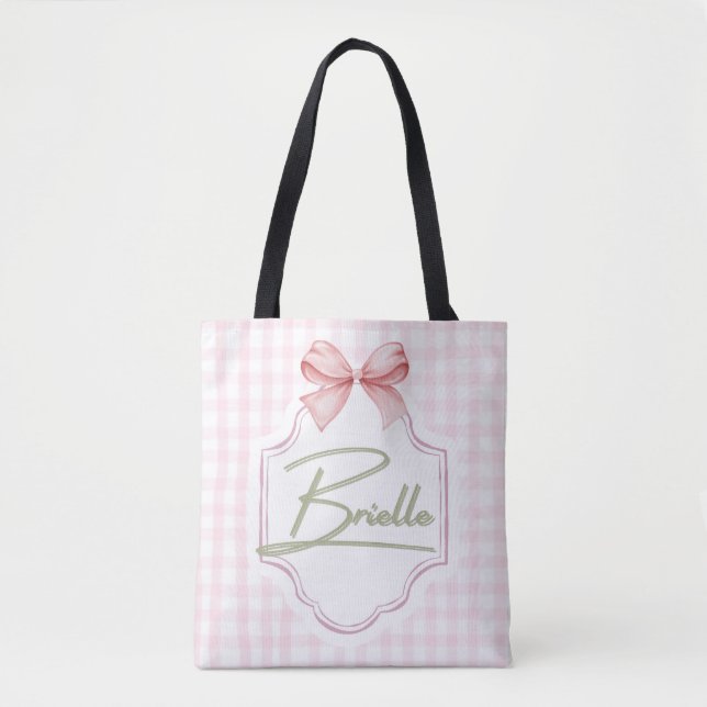 Personalized Brielle Baby Girl Nursery Bow&Gingham Tote Bag (Front)