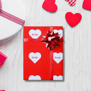 Personalized Bright Red & White Heart Love rustic Wrapping Paper