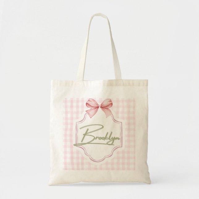 Personalized Brooklyn Baby Girl Nursery BowGingham Tote Bag (Front)