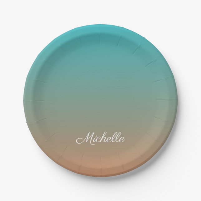 Personalized brown and blue ombre paper plate (Front)