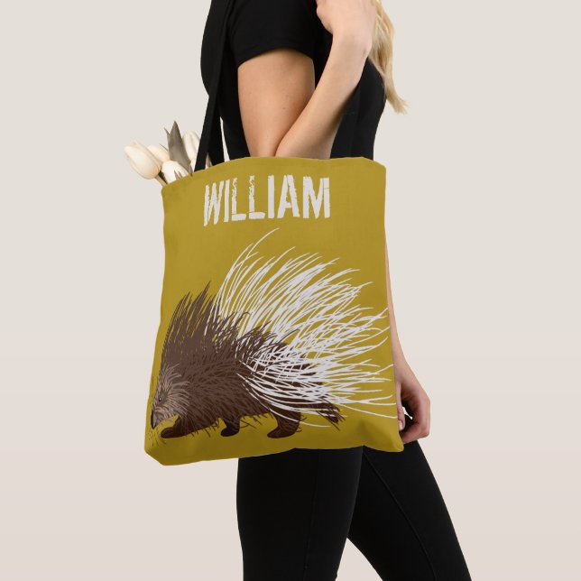Personalized Brown and Mustard Porcupine Tote Bag (Close Up)