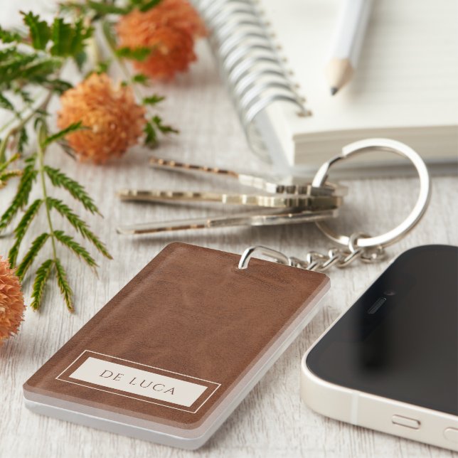 Personalized Brown Faux Leather  Key Ring (Front Right)