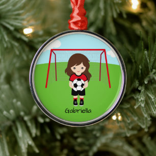 Personalized Brown Haired Soccer Girl Christmas Metal Tree Decoration