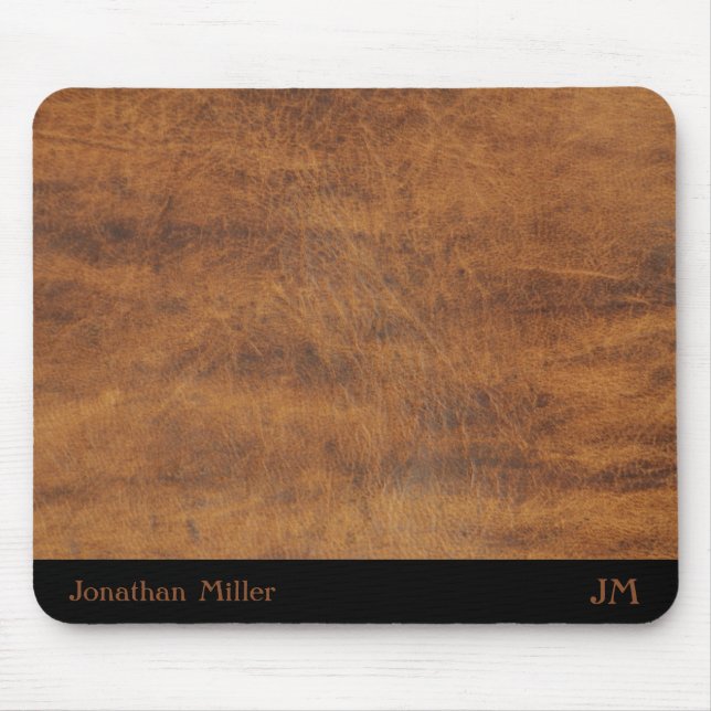 Personalized Brown Leather Mouse Mat with Initials (Front)
