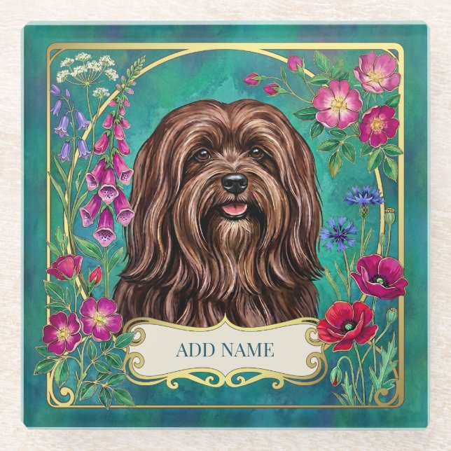 Personalized Brown Lhasa Apso Floral Glass Coaster (Front)