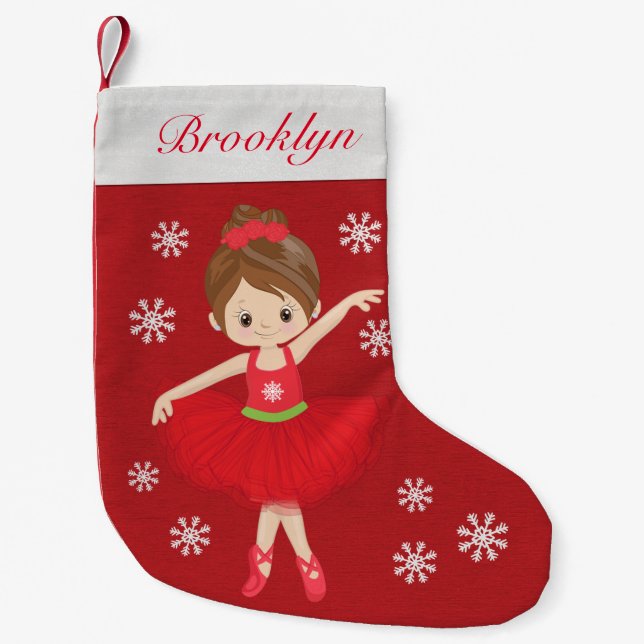 Personalized Brunette Christmas Ballerina Small Christmas Stocking (Front)