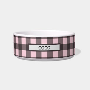 Personalized Buffalo Plaid Pink Dog Bowl