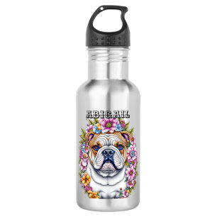 Personalized Bulldog and Whimsical Flowers 532 Ml Water Bottle
