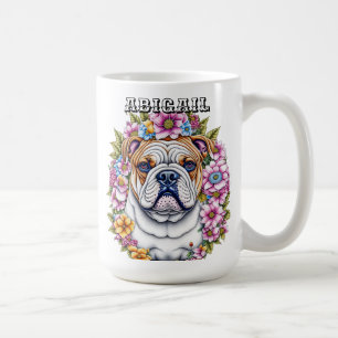Personalized Bulldog and Whimsical Flowers Coffee Mug