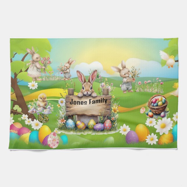 Personalized Bunny Family Picnic Tea Towel (Horizontal)