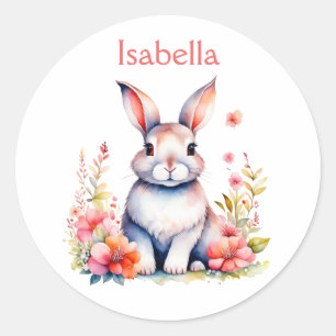 Personalized Bunny Rabbit in Pink Flowers Classic Round Sticker