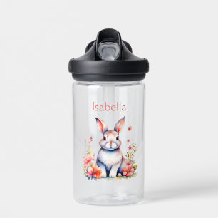 Personalized Bunny Rabbit in Pink Flowers Water Bottle