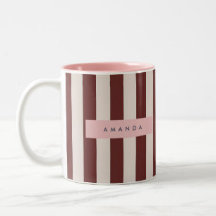 Personalized Burgundy & Ivory Stripe Two-Tone Coffee Mug