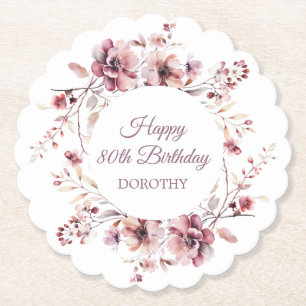 Personalized Burgundy Pink Floral 80th Birthday Paper Coaster