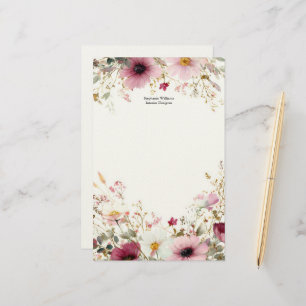Personalized Burgundy Pink Wildflowers Florals  Stationery