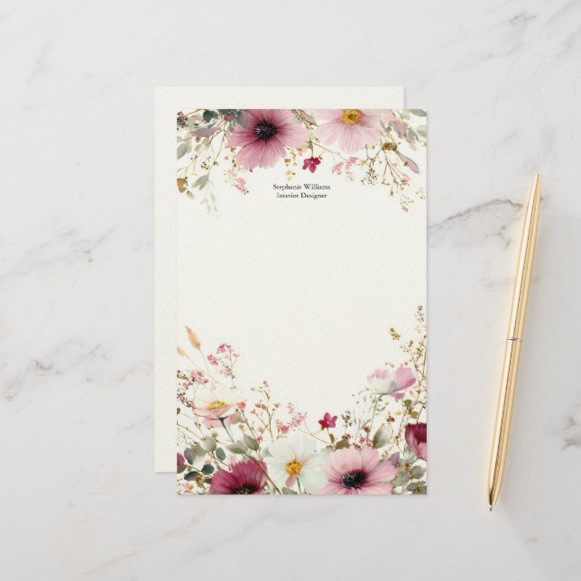Personalized Burgundy Pink Wildflowers Florals  Stationery (Front/Back In Situ)
