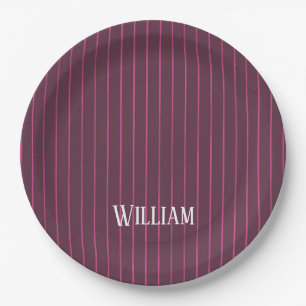 Personalized burgundy pinstripes paper plate